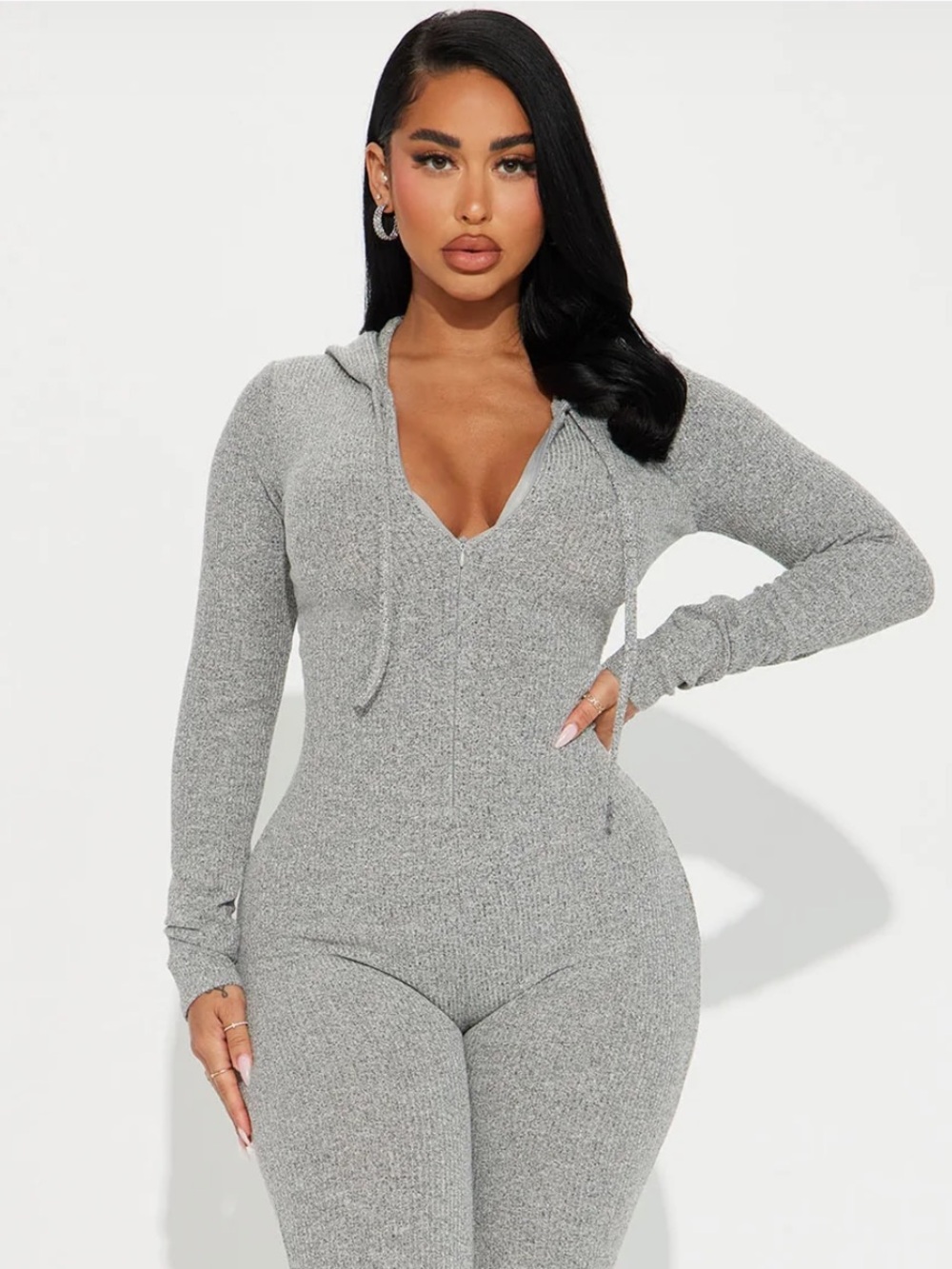 Fashion Nova Gray Ribbed Hooded V‑Neck Jumpsuit Top